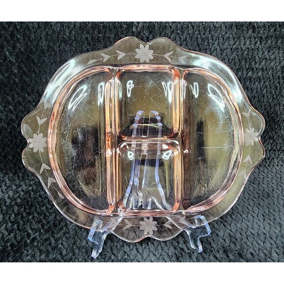 Fostoria Pink Etched Glass 4-Compartment Divided Tray Depression Glass 1920s-50s - Picture 3 of 11